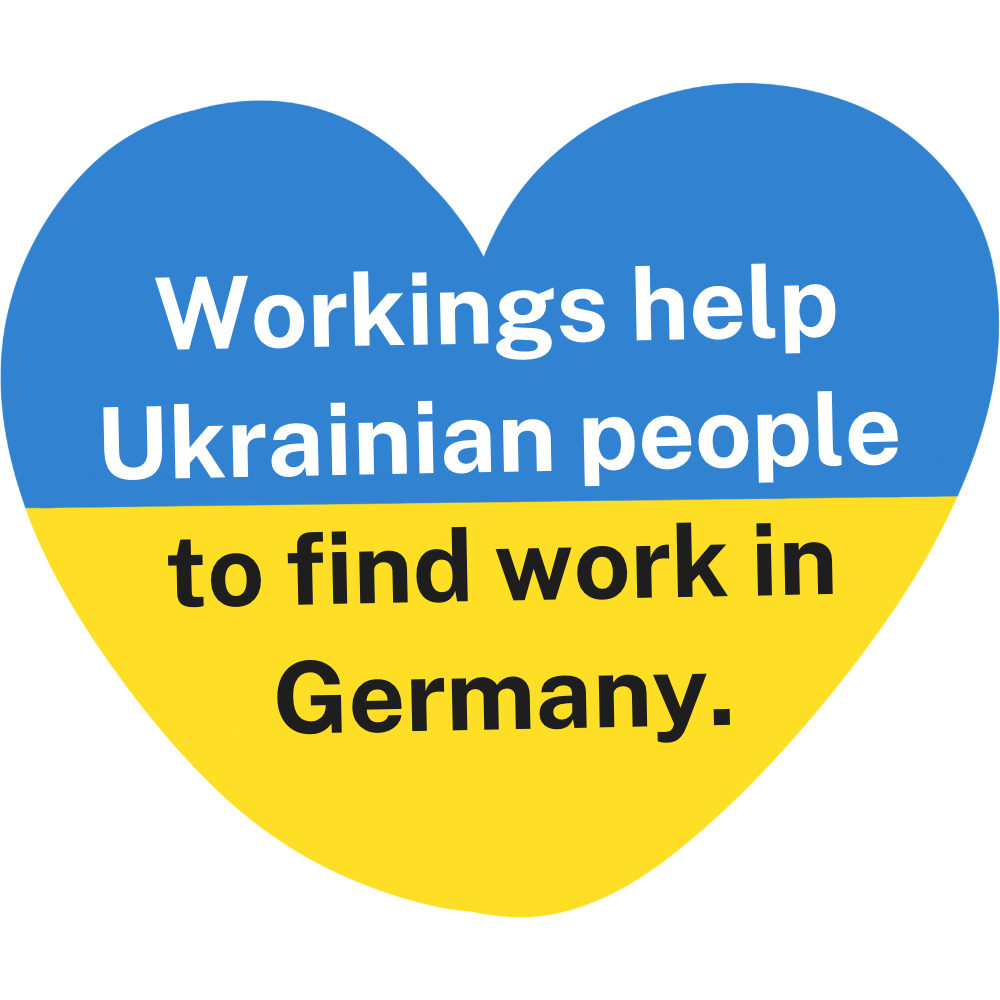Ukraninische Flagge in Form eines Herz mit der Aufschrift "Workings help ukrainian people to find work in germany"